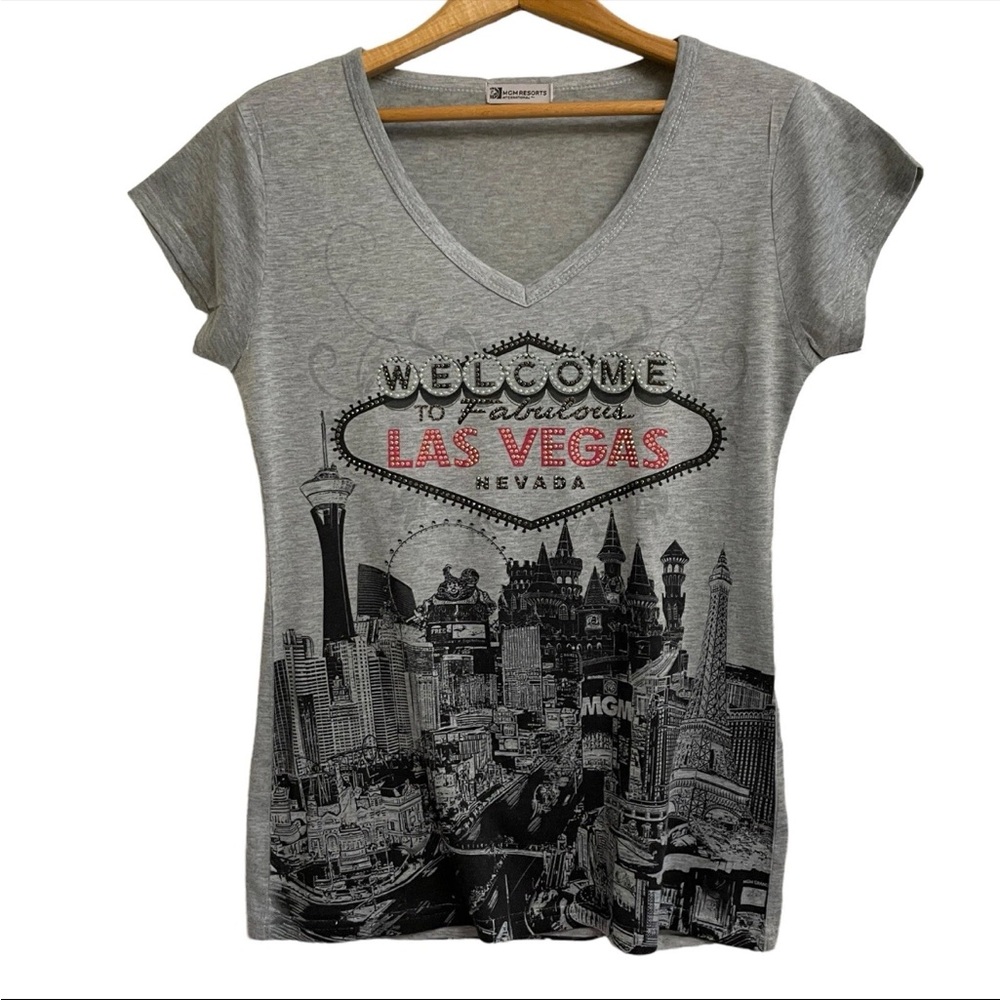 MGM Resorts Las Vegas  T-Shirt Womens Small Rhinestone Bling Gray Short Sleeve